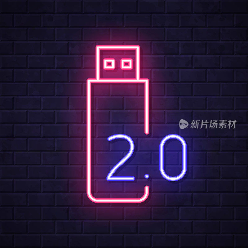 USB 2.0闪存盘。在砖墙背景上发光的霓虹灯图标